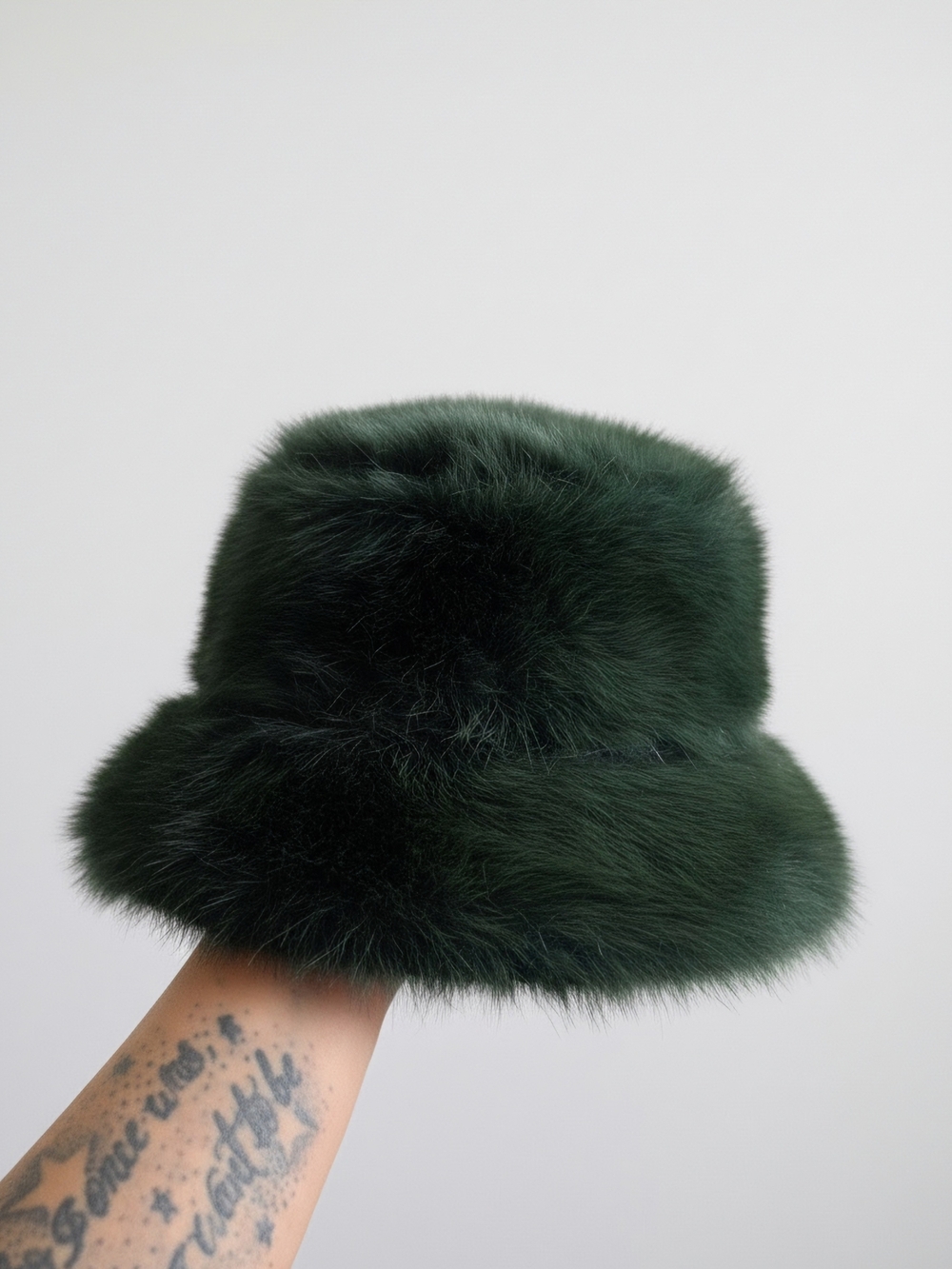Plush Dark Green Faux Fur Bucket Hat